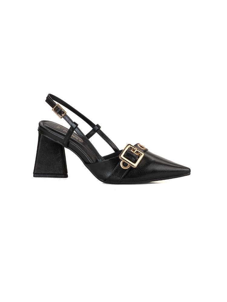 Scarpin Slingback Bebecê Salto Geométrico com Enfeite Maxi Fivela Preto 3