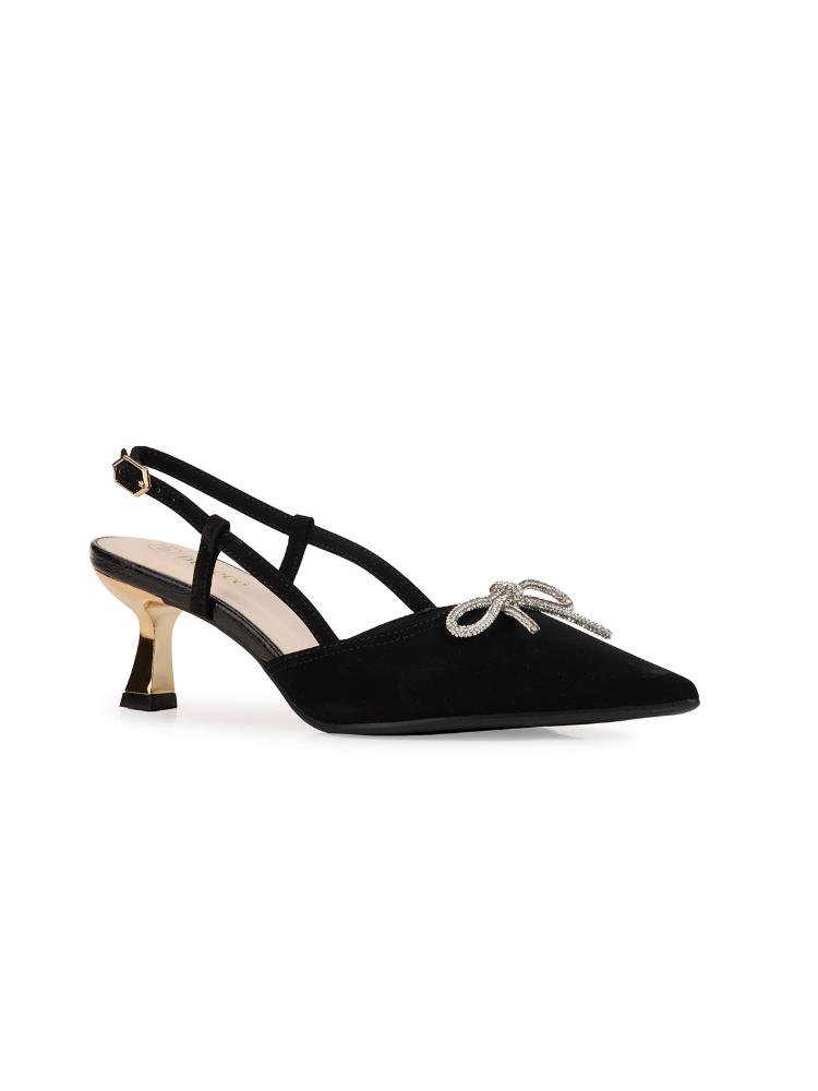Scarpin Slingback Bebecê Salto Médio Cromado Com Laço Em Strass e Fivela Preto 3