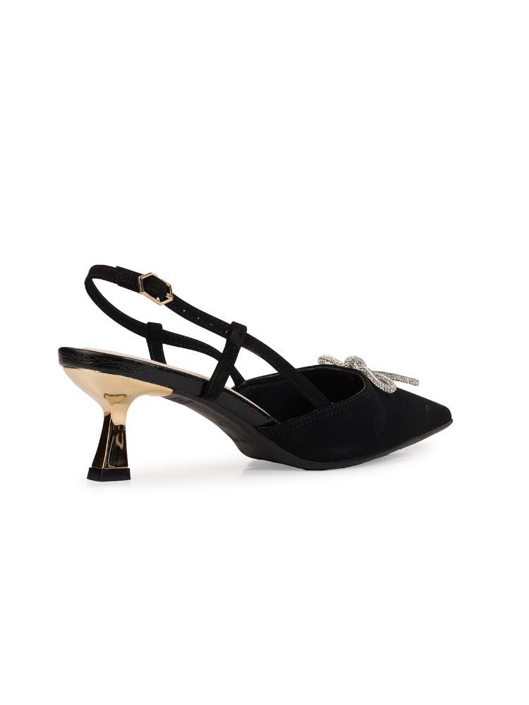 Scarpin Slingback Bebecê Salto Médio Cromado Com Laço Em Strass e Fivela Preto 4
