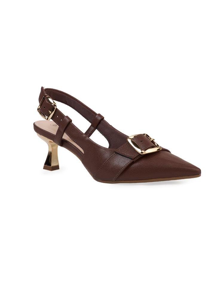 Scarpin Slingback Bebecê Salto Taça com Fivela Decorativa Marrom 4
