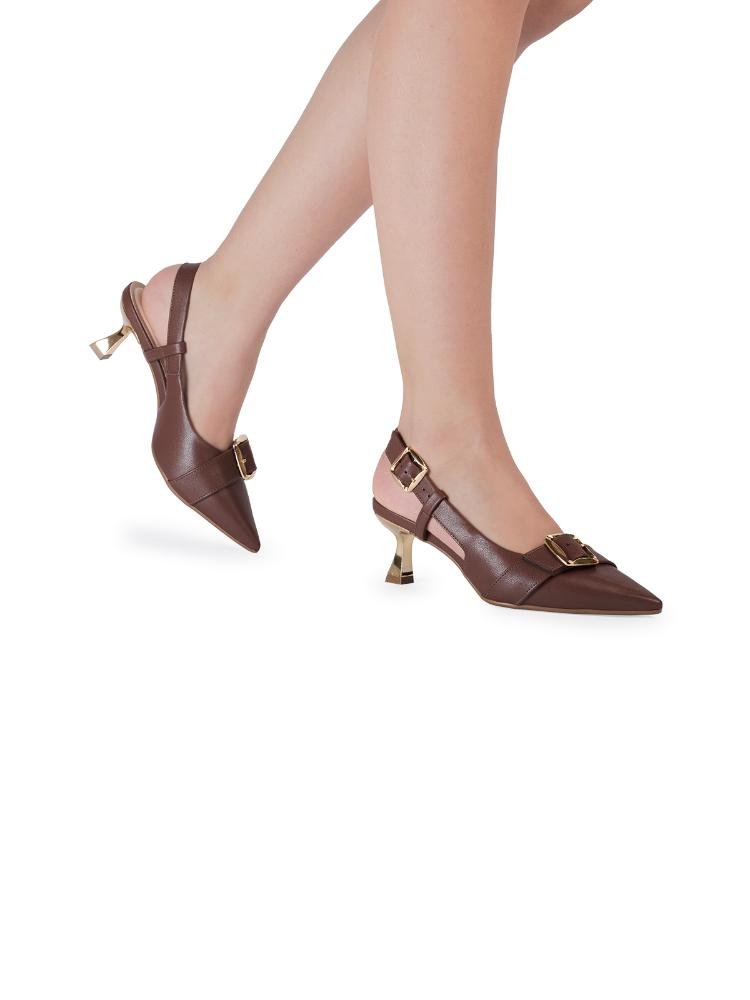 Scarpin Slingback Bebecê Salto Taça com Fivela Decorativa e Tira Dupla Marrom 3