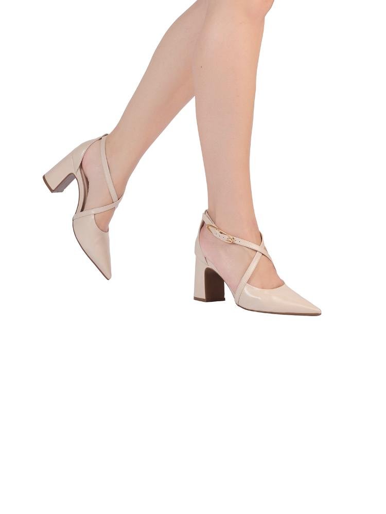 Scarpin Semi Aberto Tira Cruzada Salto Bloco Bege 2
