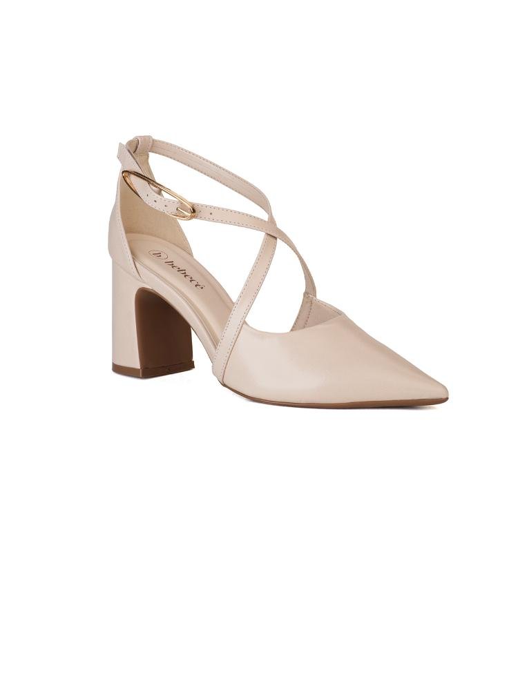 Scarpin Semi Aberto Tira Cruzada Salto Bloco Bege 3