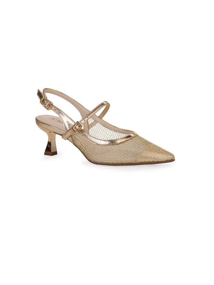 Scarpin Slingback Bebecê Tela Salto Taça Dupla Fivela Dourado 3
