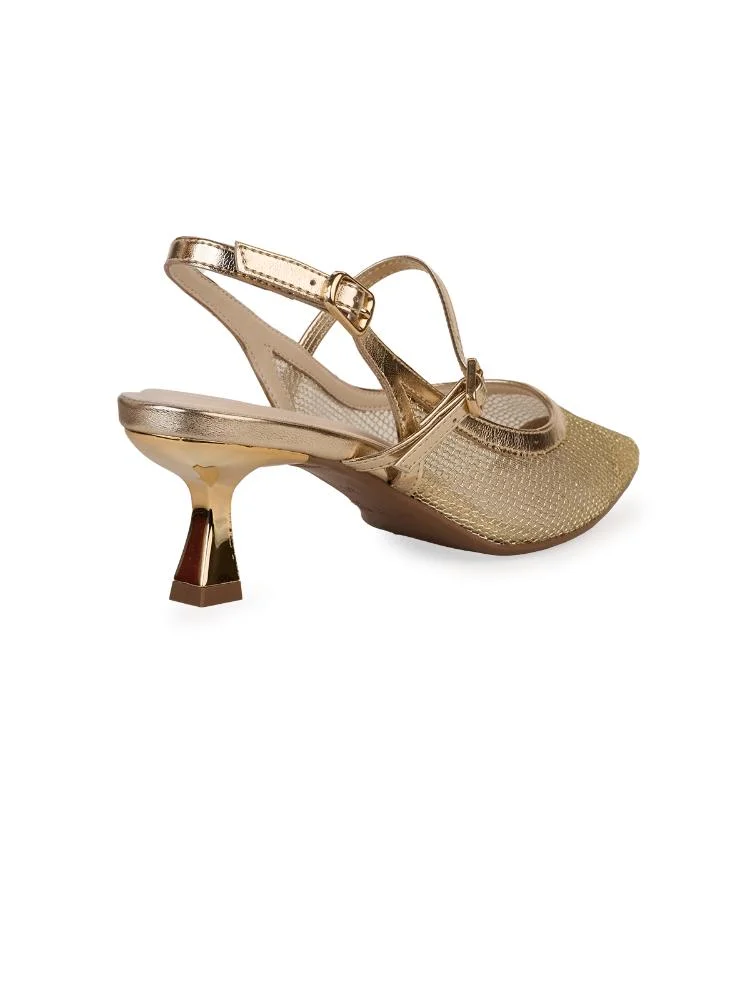 Scarpin Slingback Bebecê Tela Salto Taça Dupla Fivela Dourado 4