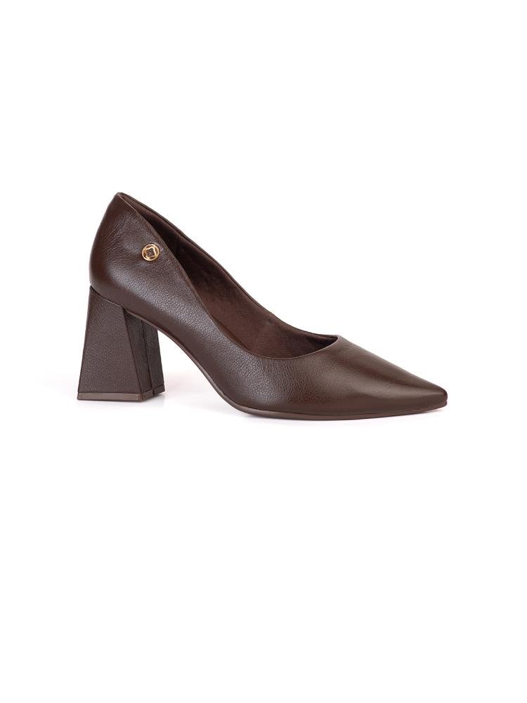 Scarpin Clássico Bebecê Couro Salto Bloco Marrom 2