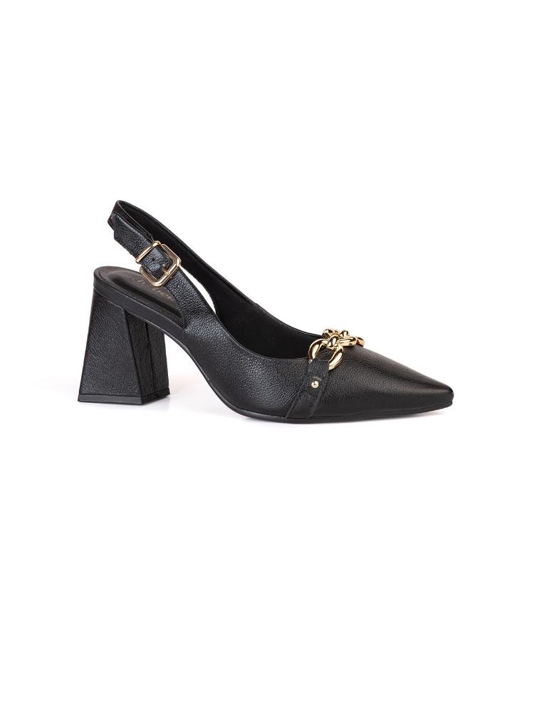 Scarpin Slingback Bebecê Couro com Enfeite Bridão Preto 2