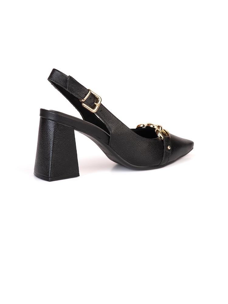 Scarpin Slingback Bebecê Couro com Enfeite Bridão Preto 3
