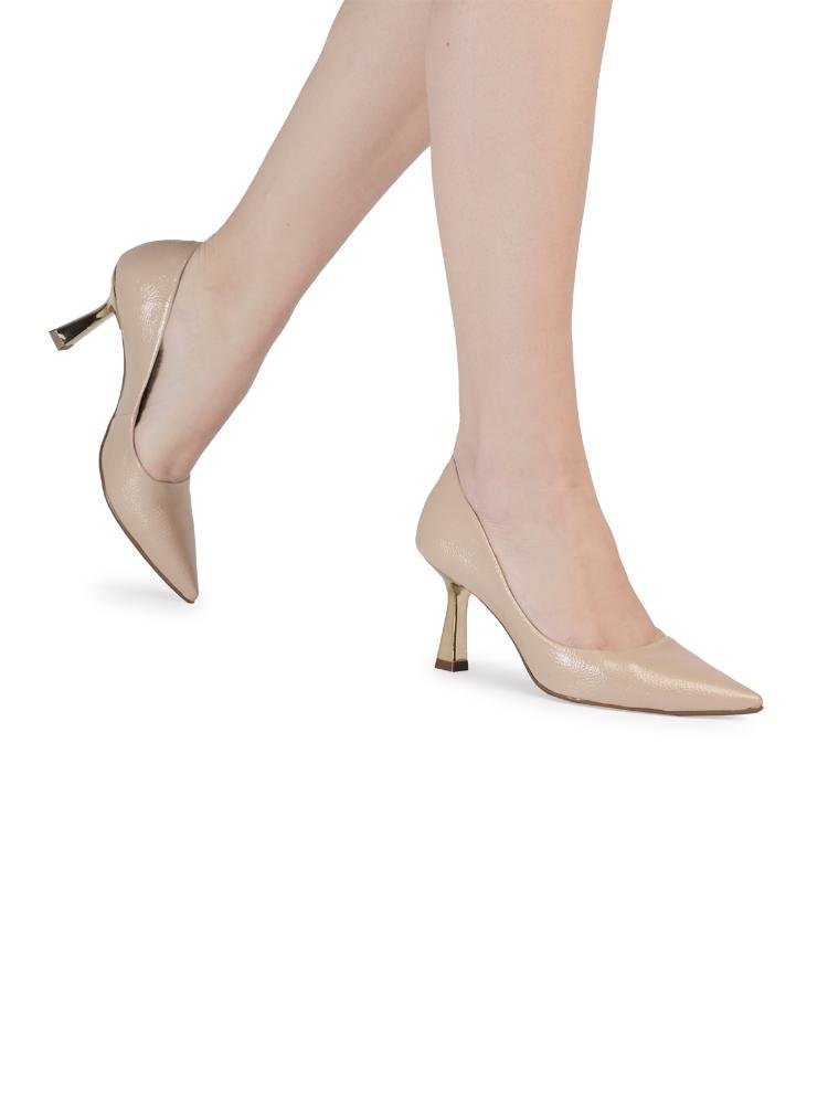 Scarpin Bebecê Salto Alto Flare Bico Fino Monocromático Clássico Bege 2