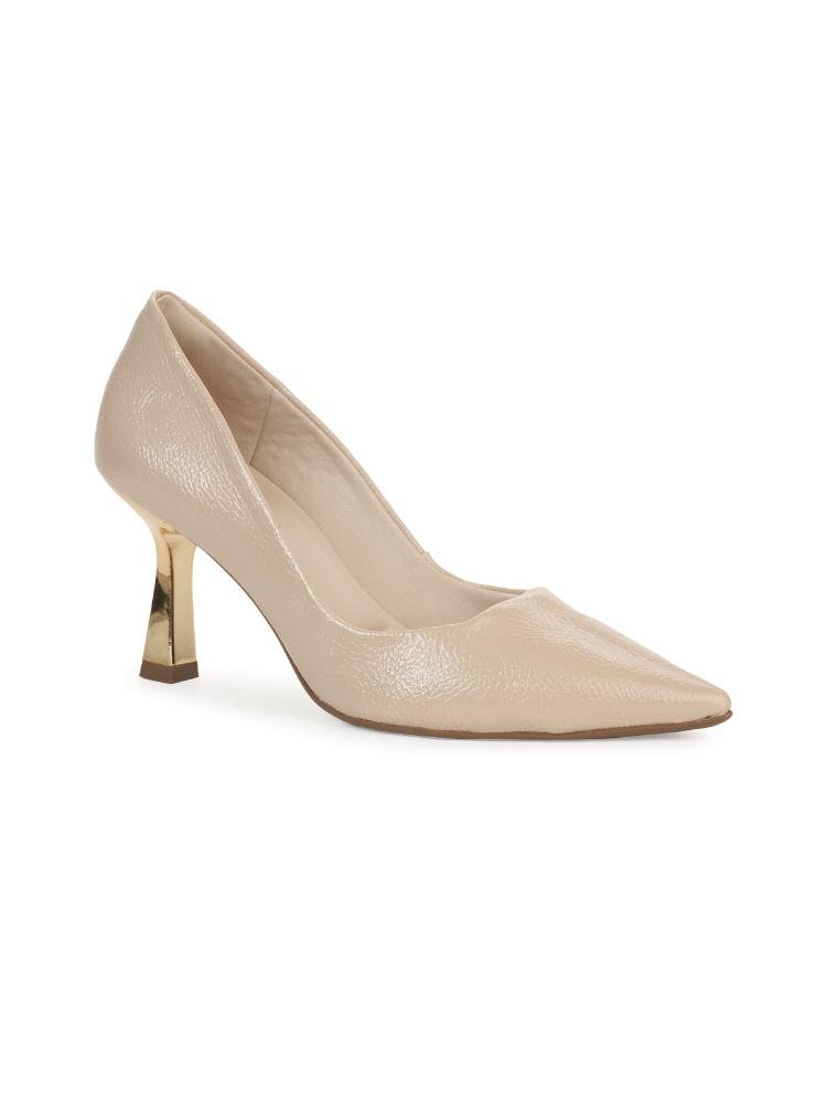 Scarpin Bebecê Salto Alto Flare Bico Fino Monocromático Clássico Bege 3