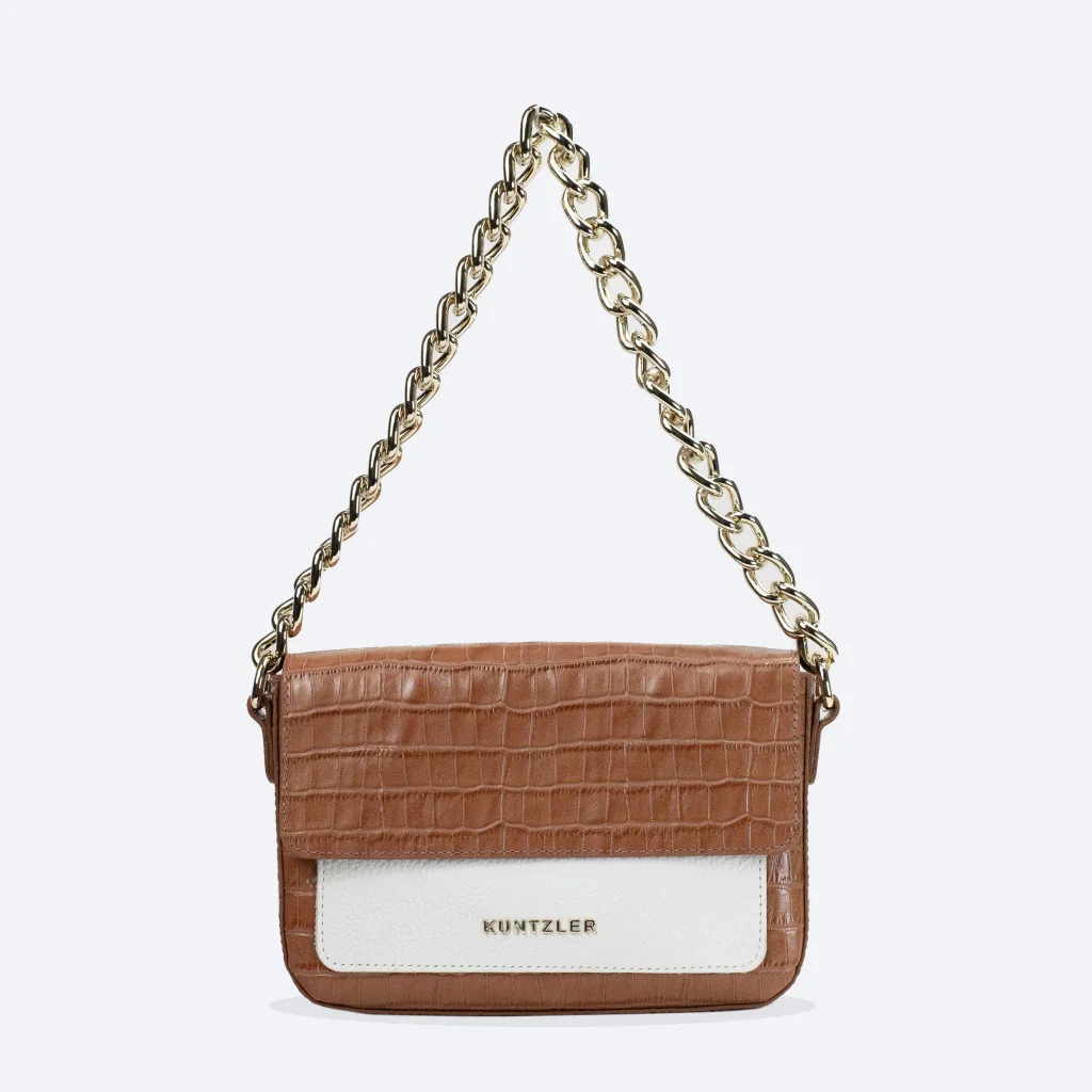Bolsa Flora em Couro Cor Caramelo/Off White