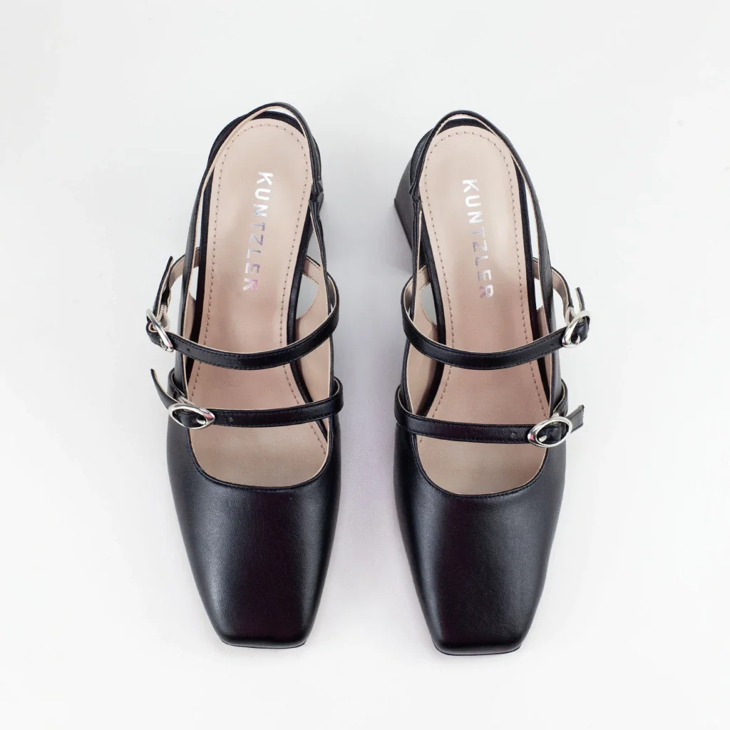 Slingback Monique Fivelas Dupla em Couro Cor Preto Preto 3