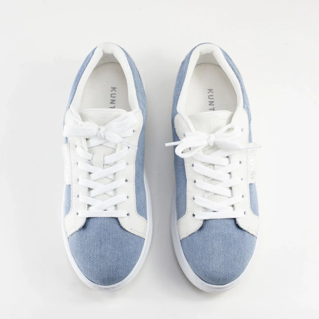 Tênis Vivian em Couro e Tecido Cor Off White/Azul Jeans Azul Jeans 3