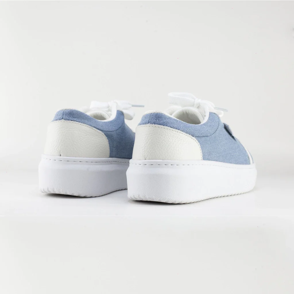 Tênis Vivian em Couro e Tecido Cor Off White/Azul Jeans Azul Jeans 4