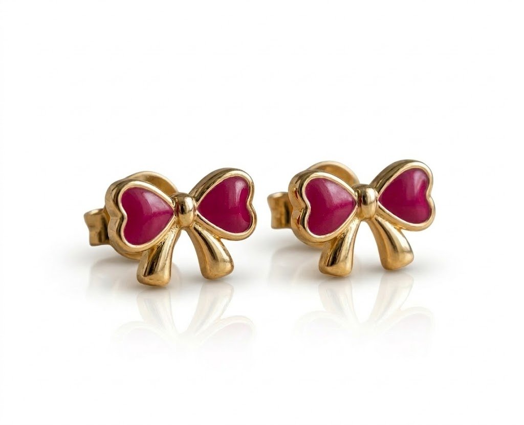 BRINCO INFANTIL LACO ROSA COM RESINA BANHADO EM OURO 18K