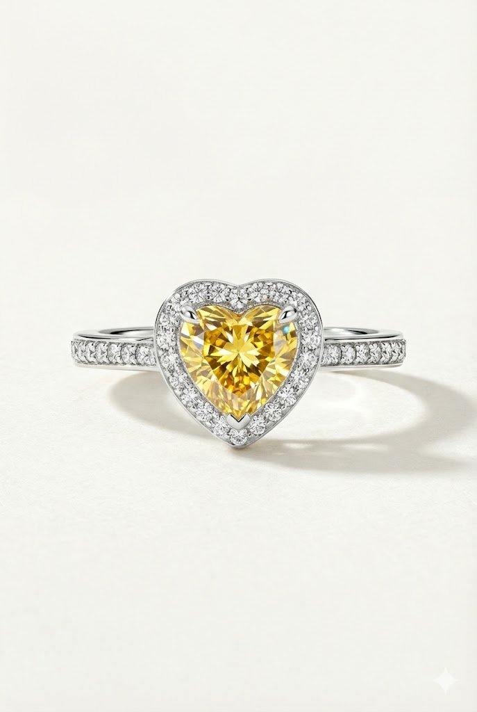 Anel coração amarelo cravejado prata 925