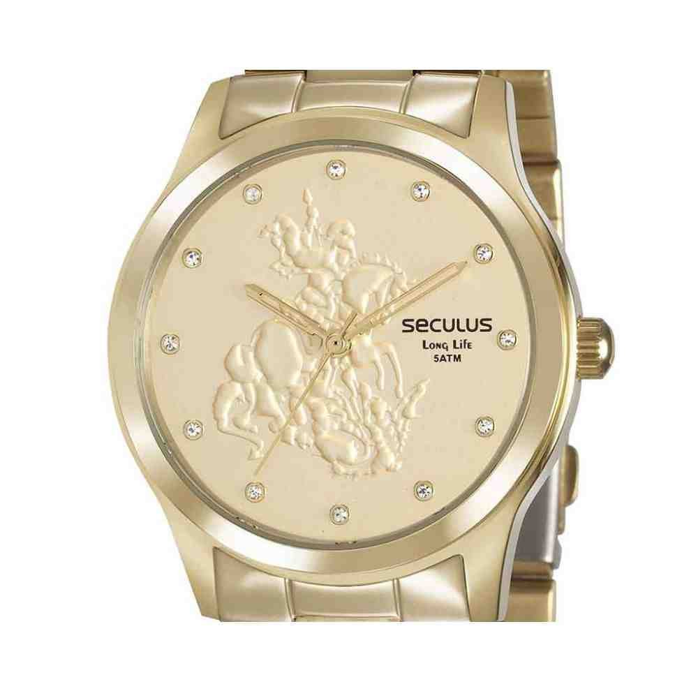Kit Relógio+Cordão Seculus São Jorge Dourado Feminino 35019L