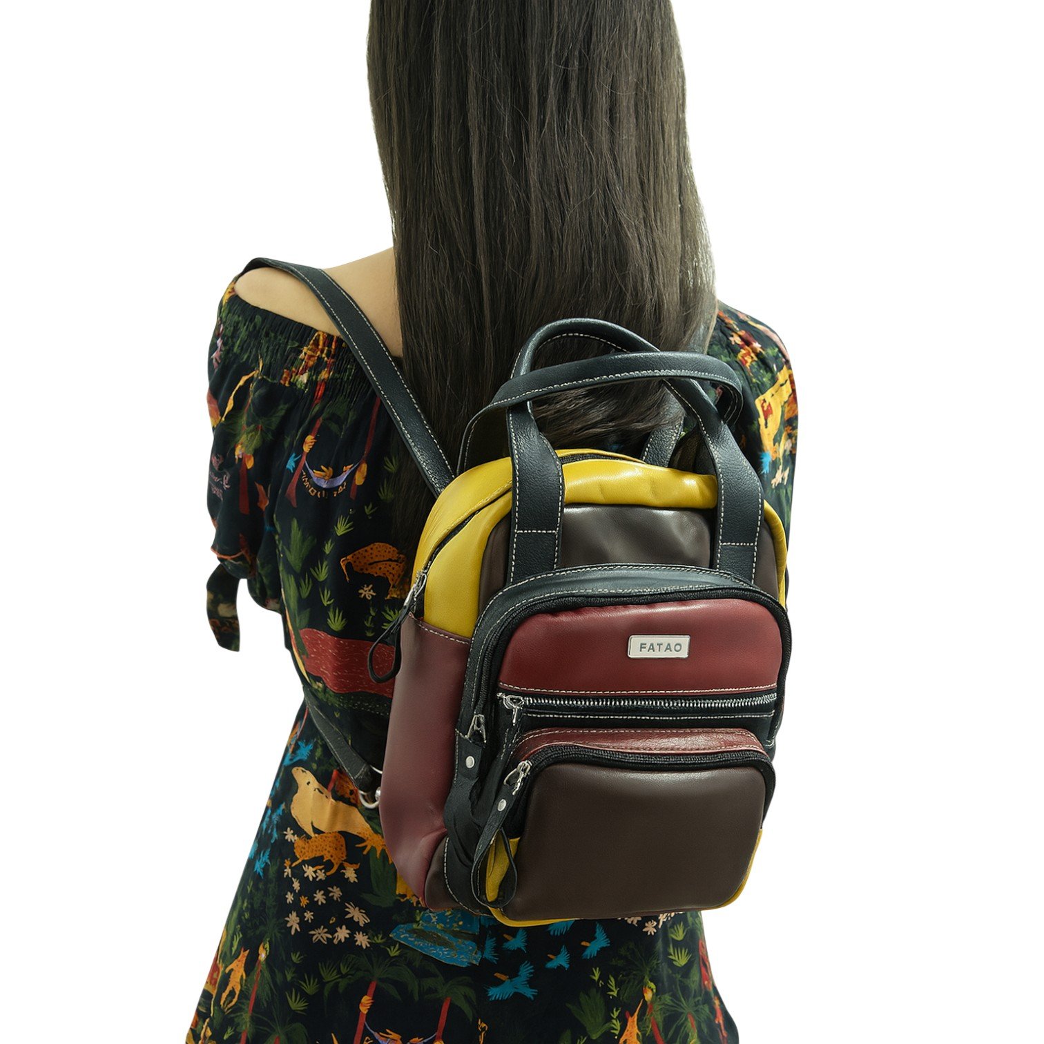 Mochila de Couro Multifuncional Zup Bags Marrom/Vermelho/Amarelo 2