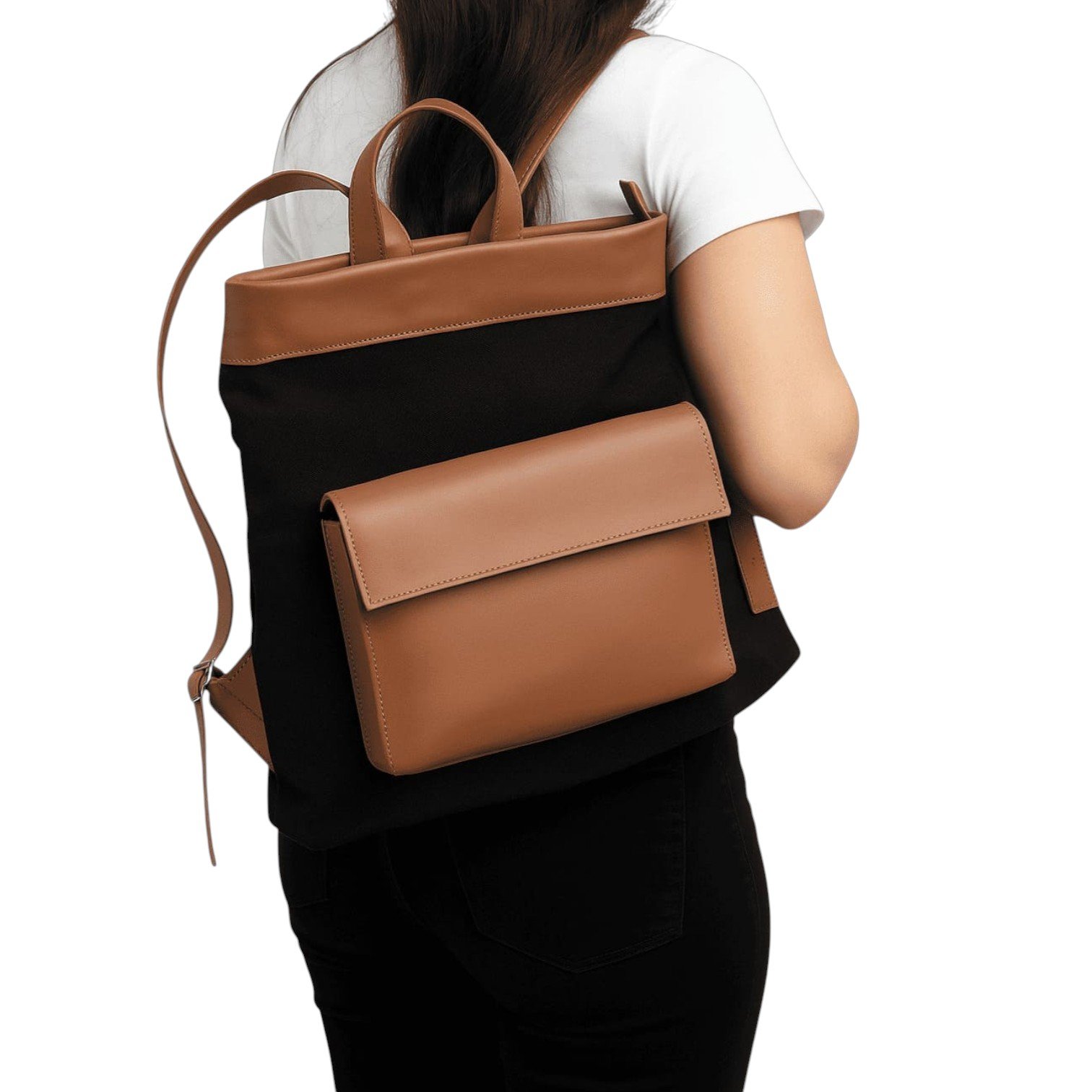 Mochila Feminina de Lona e Couro Pati Zup Preto/Marrom 2