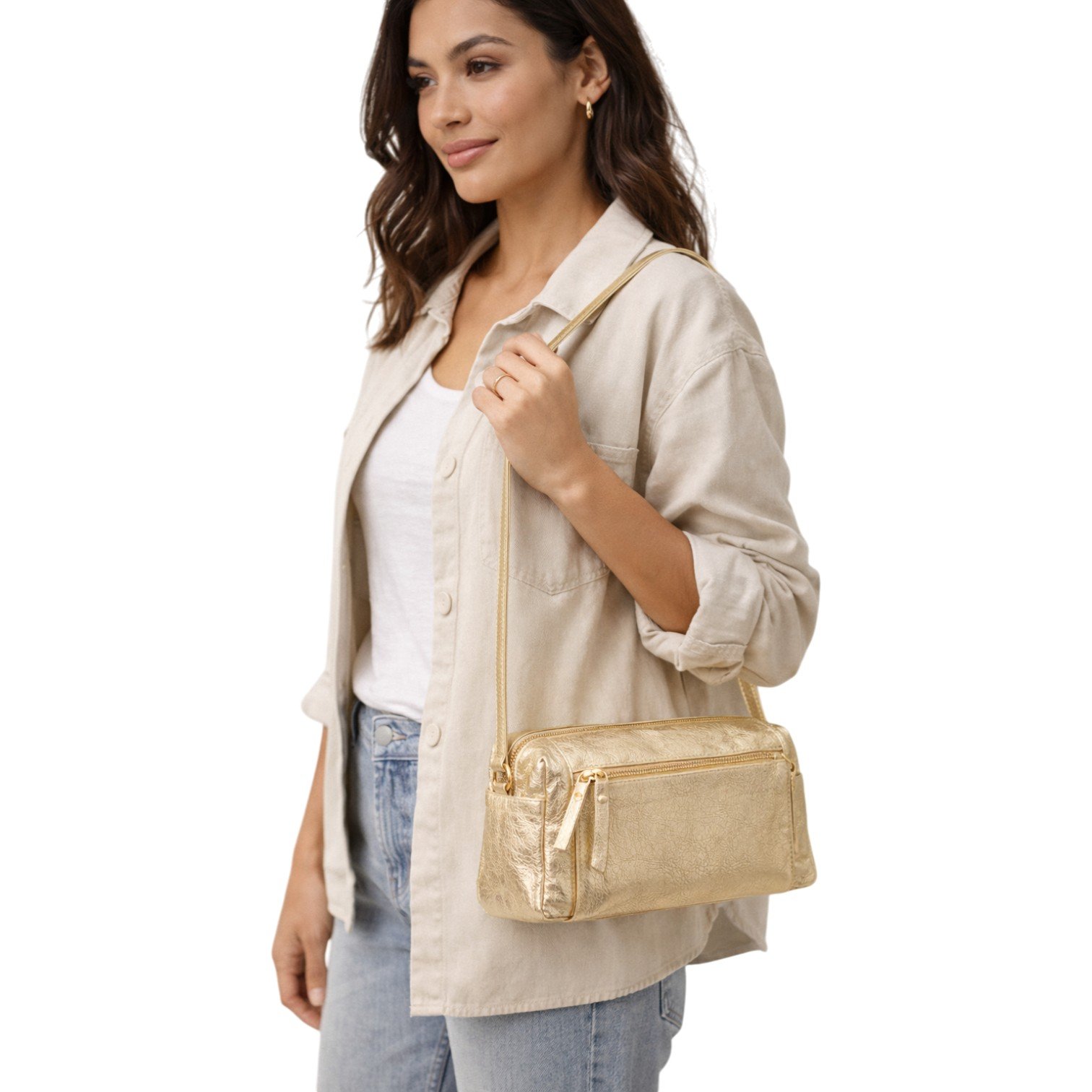 Bolsa Verona Couro Legítimo Crossbody Feminina Zup Bags Dourado 2