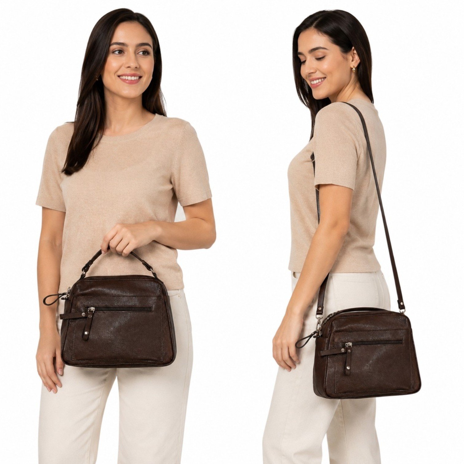 Bolsa Feminina de Couro Cida Zup | Média, Alça Ajustável e Design Elegante Pinhão 2