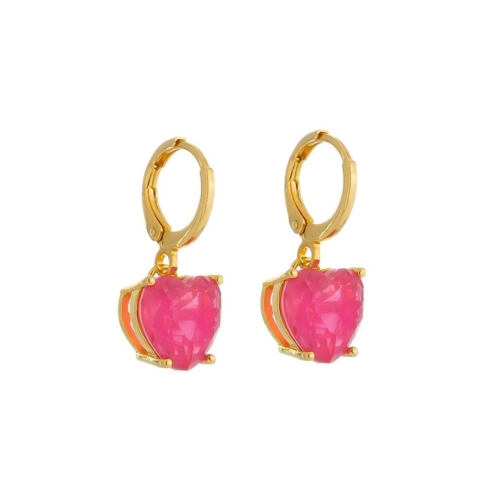 Brinco Dourado Argolinha Pedra de Coração Rosa Dourado 1