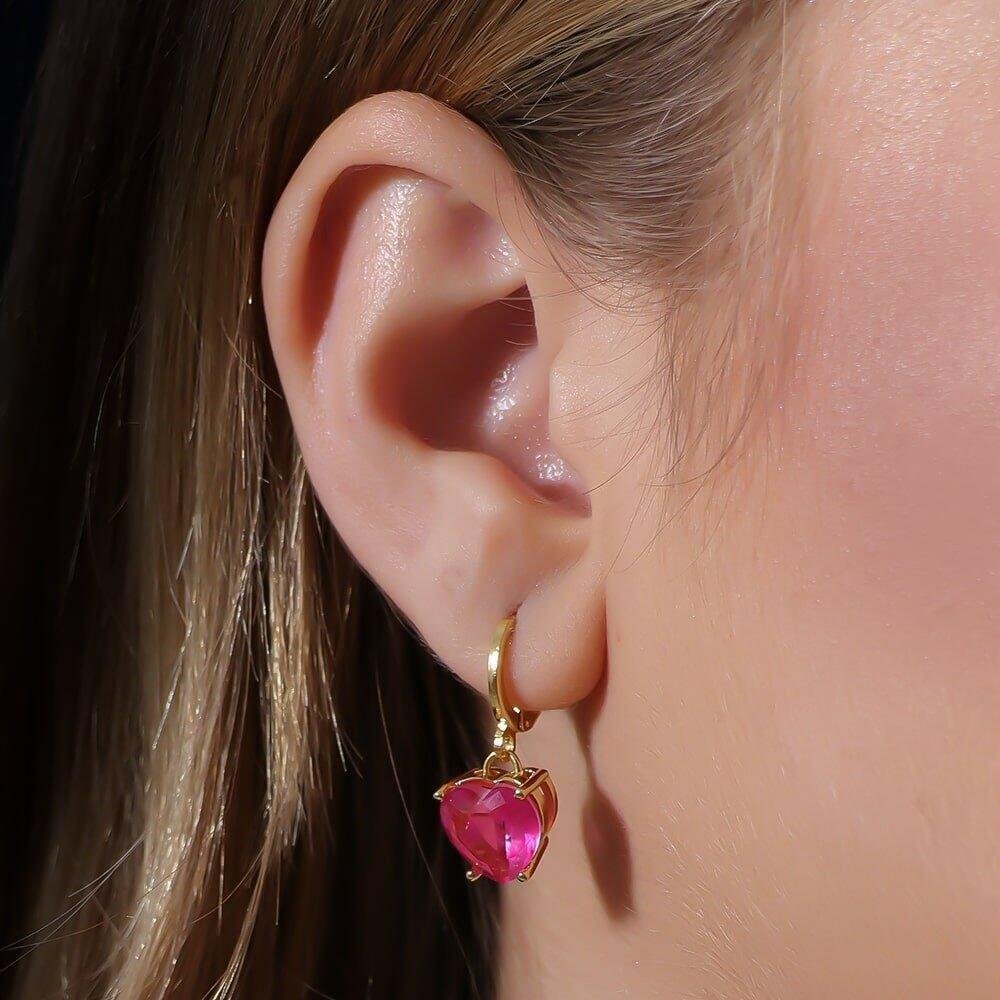 Brinco Dourado Argolinha Pedra de Coração Rosa Dourado 2