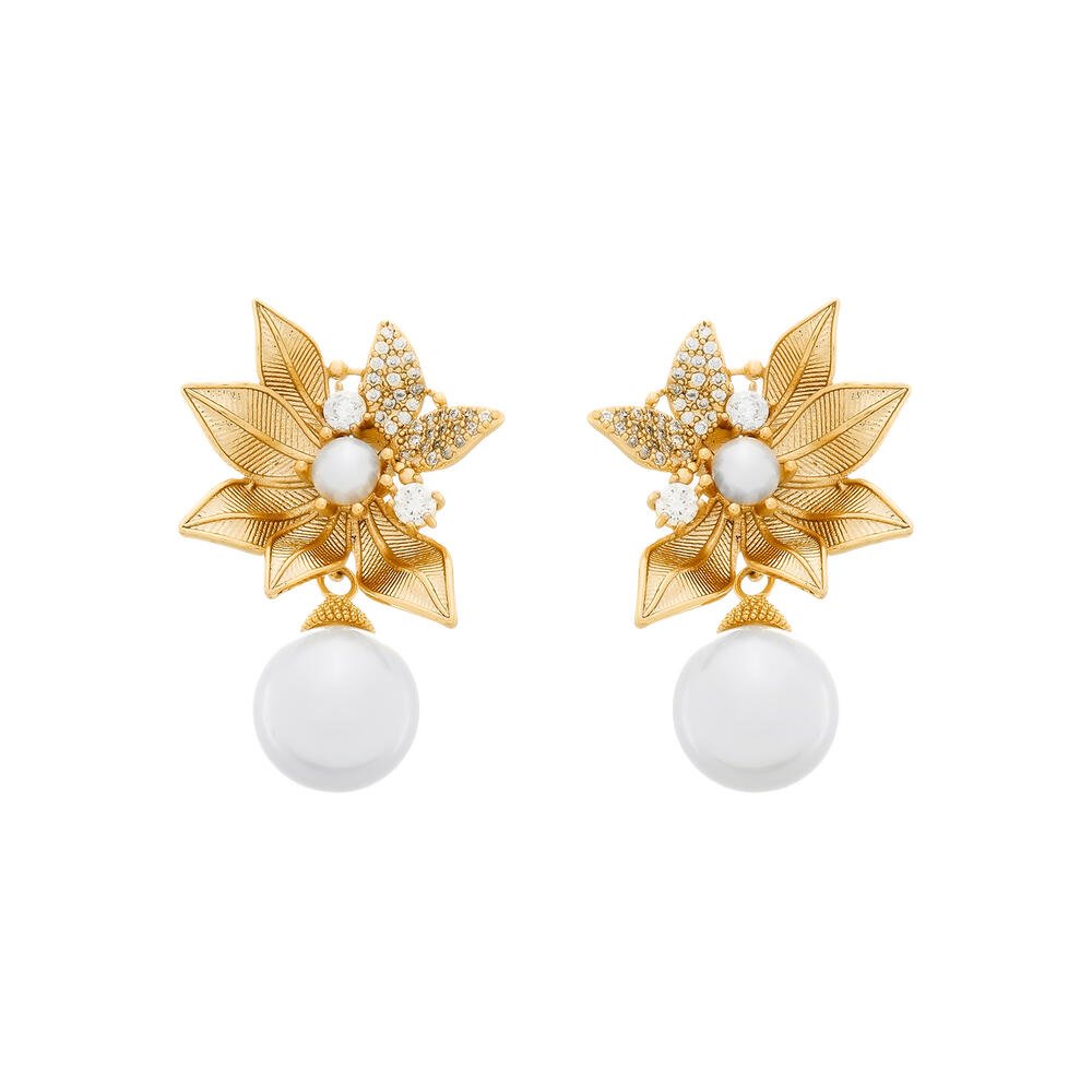 Brinco Dourado com Folhas em Zircônia e Pérolas