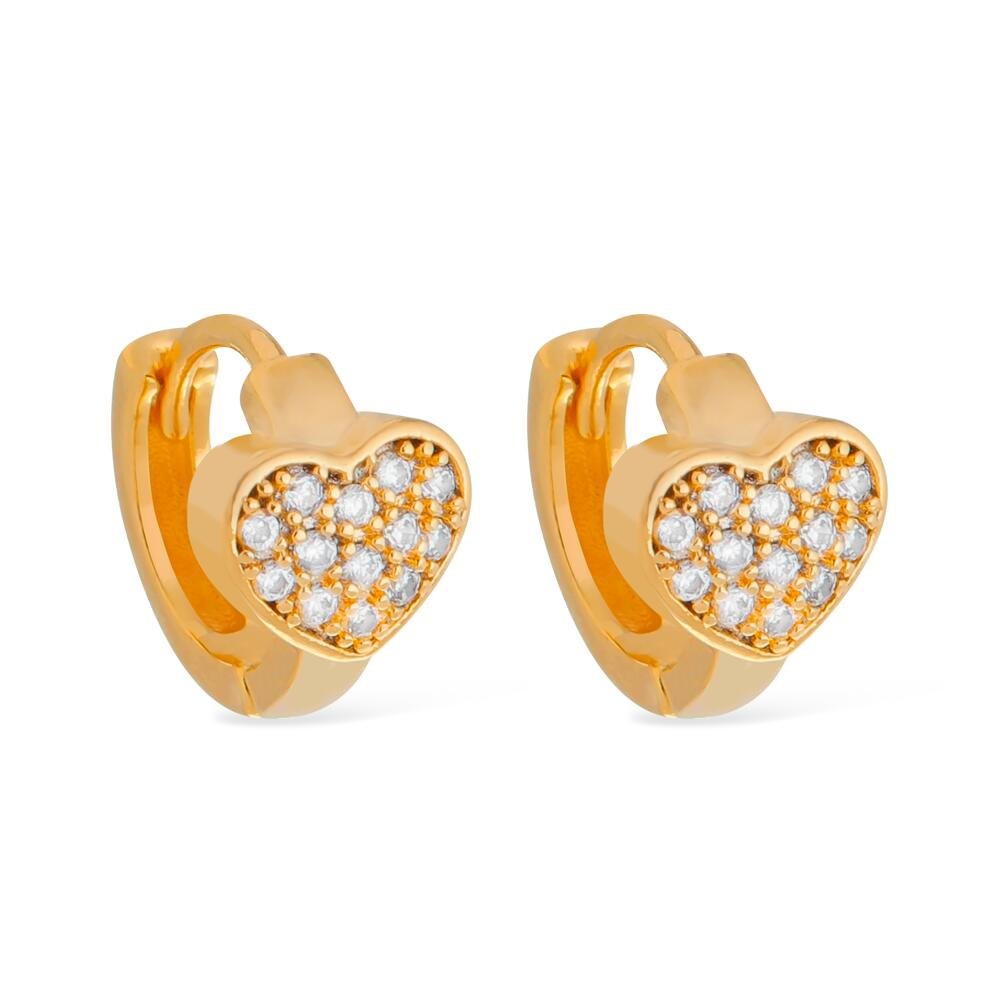 Brinco Dourado Pequeno Coração Cravejado de Pedras