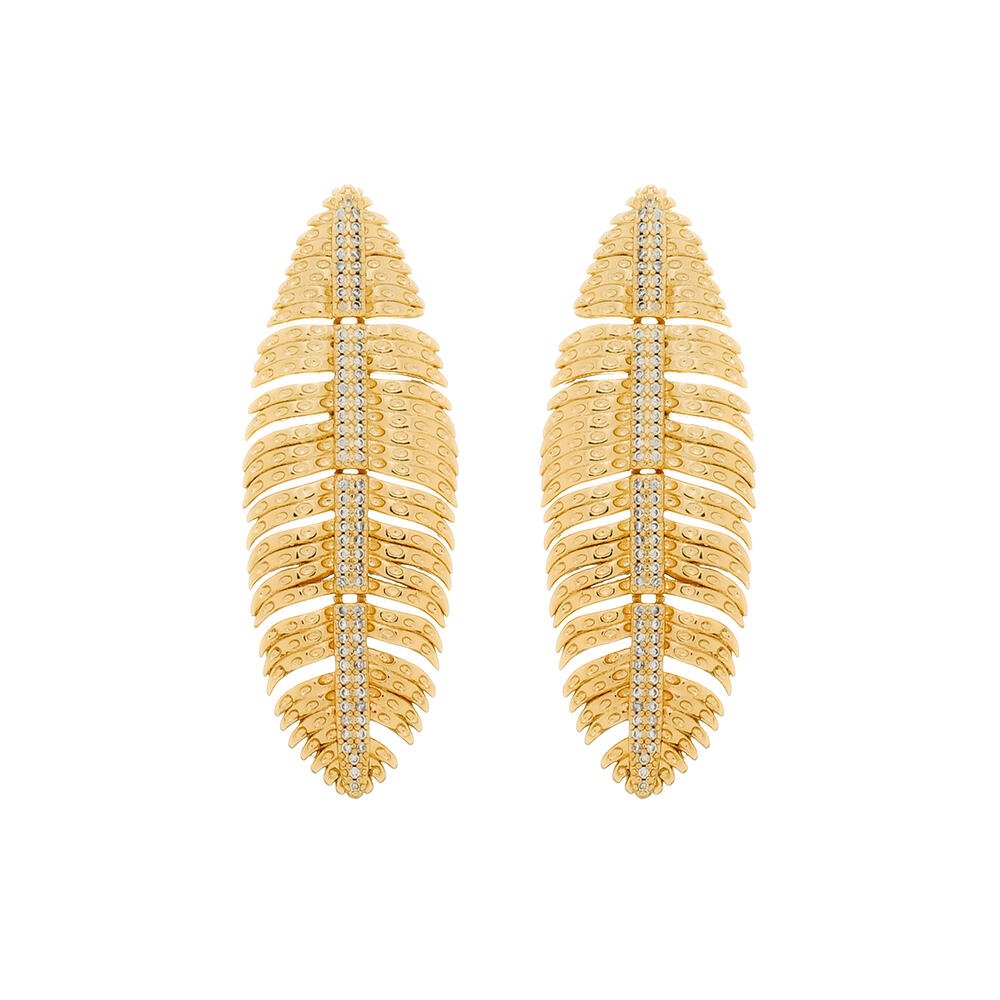 Brinco Dourado de Pena Cravejado de Zircônia