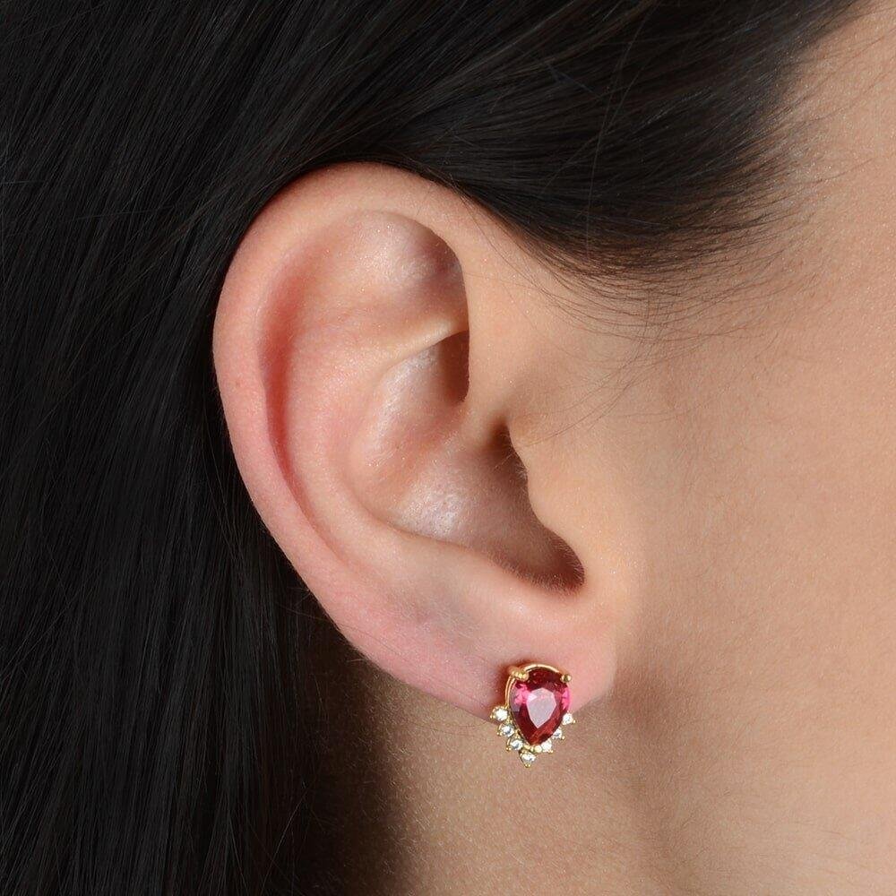 Brinco Dourado Pedra Vermelha Coração Zircônia Dourado 2
