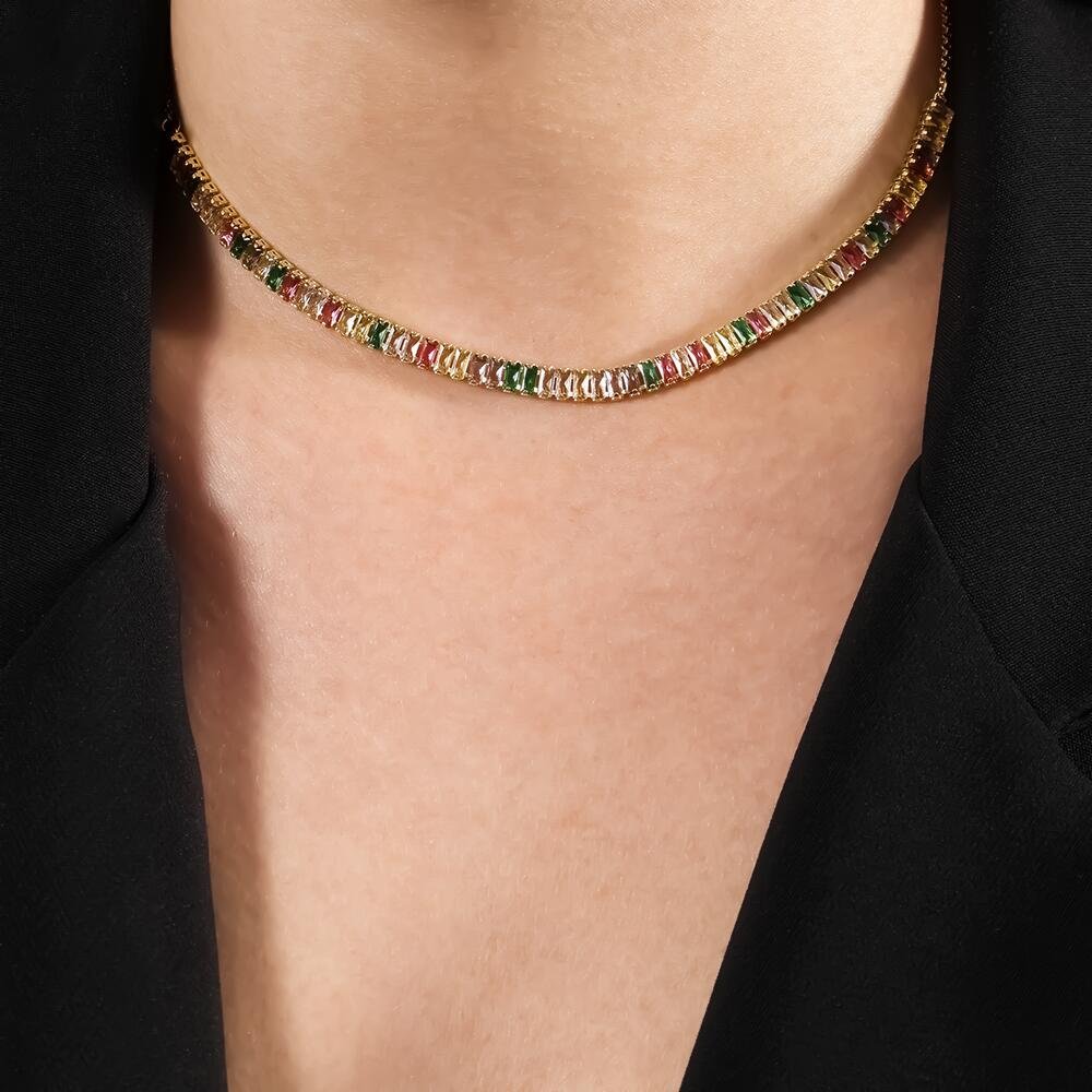 Colar Dourado Chocker de Pedras Coloridas Dourado 2