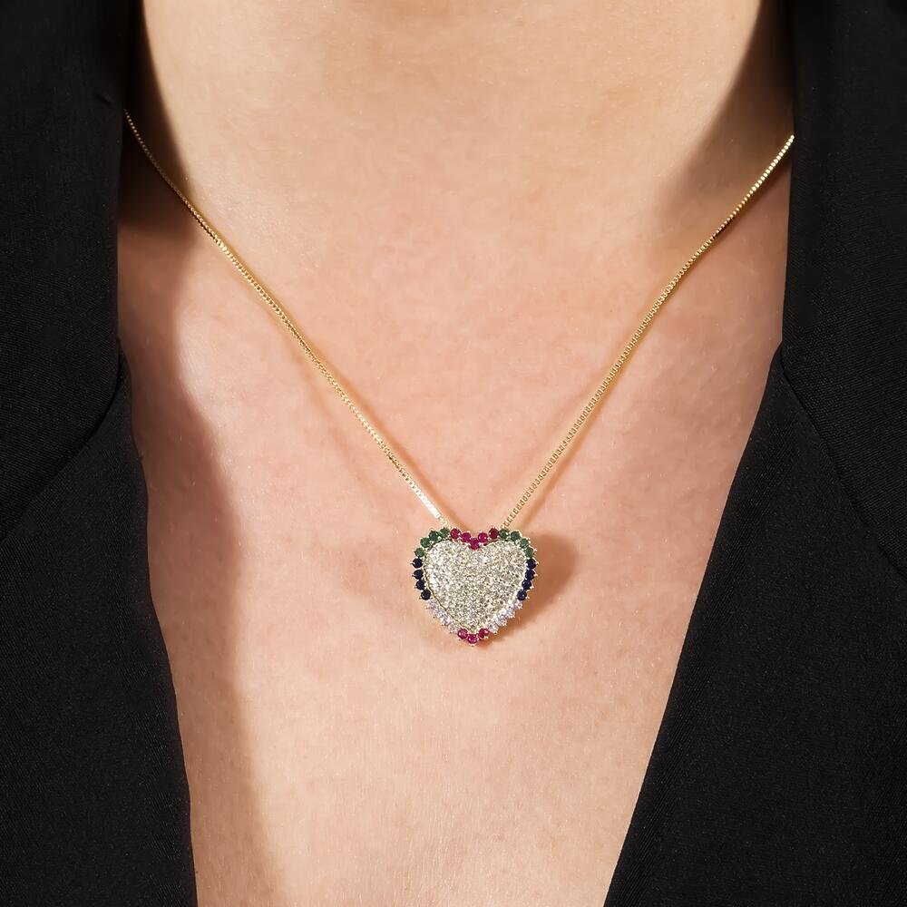 Colar Dourado de Coração com Pedras Coloridas Dourado 2