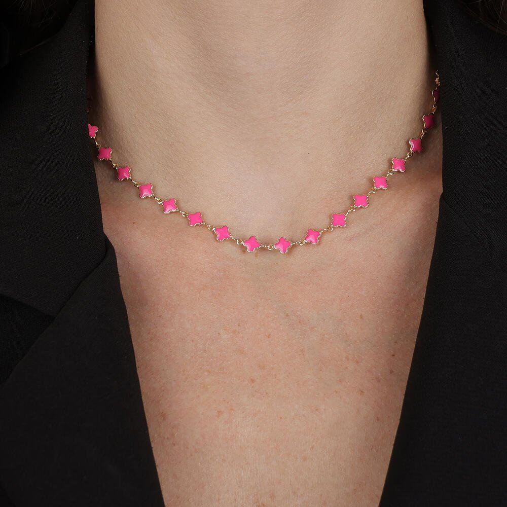 Colar Dourado de Trevos Rosas Dourado 2