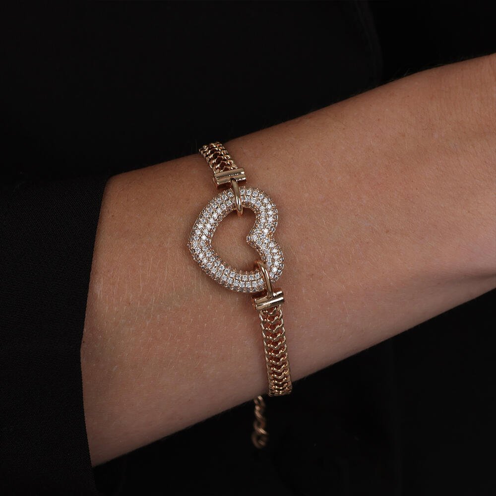 Pulseira Dourada de Coração Vazado Cravejado com Zircônia Dourado 2