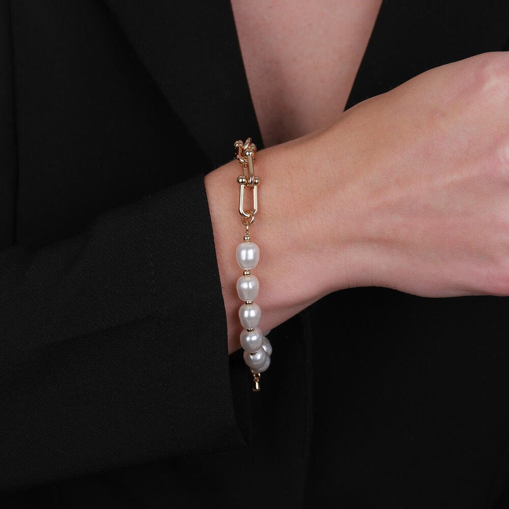 Pulseira Dourada de Corrente com Pérolas Amassadas Dourado 2