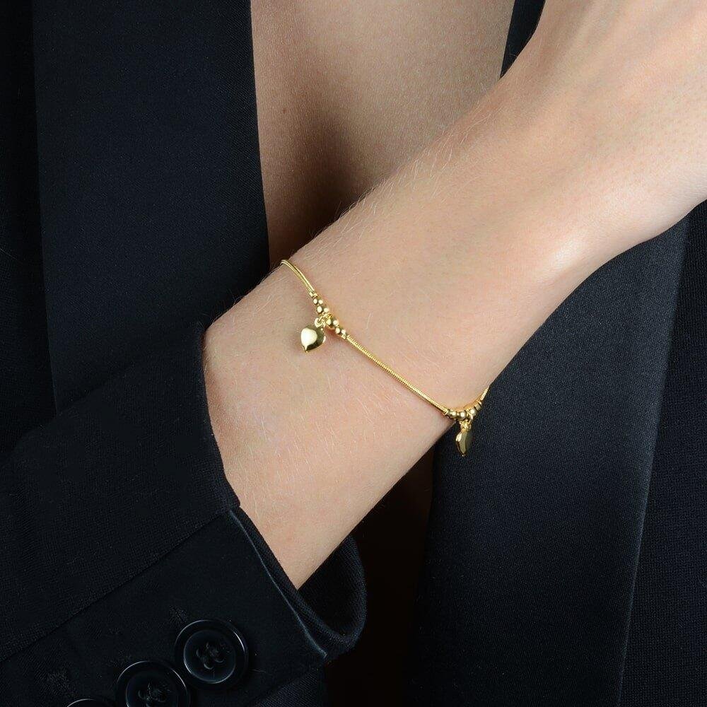 Pulseira Dourada Lisa com 3 Pingentes de Coração Dourado 2