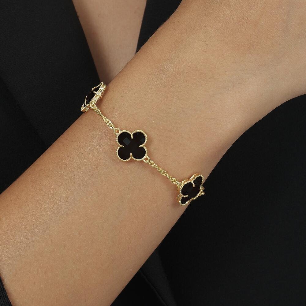 Pulseira Dourada Trevos Zircônia Preta Dourado 2