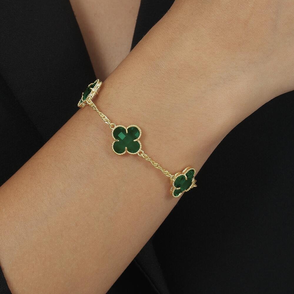 Pulseira Dourada Trevos Zircônia Verde Dourado 2