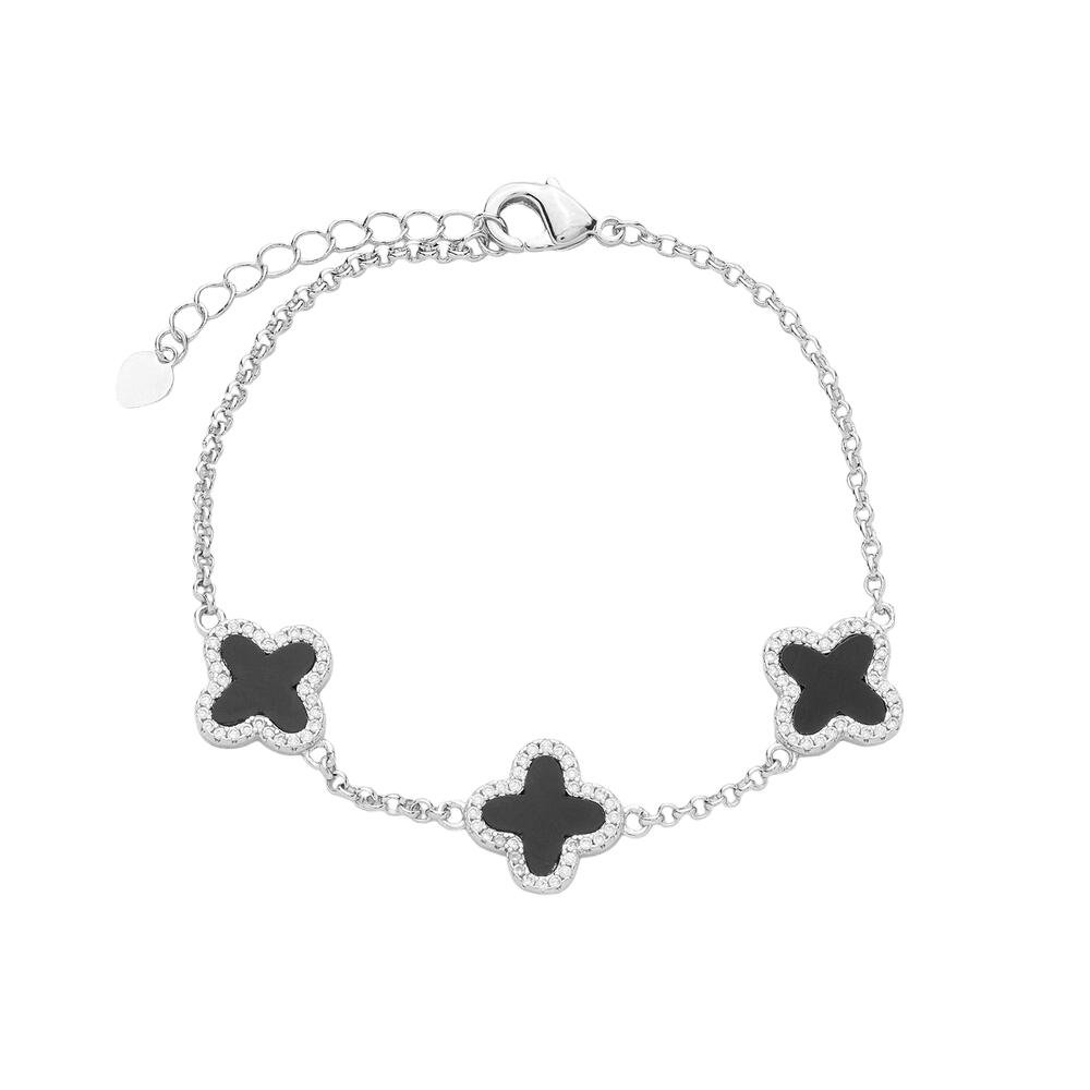 Pulseira Prateada de Trevos Pretos Cravejados de Zircônia
