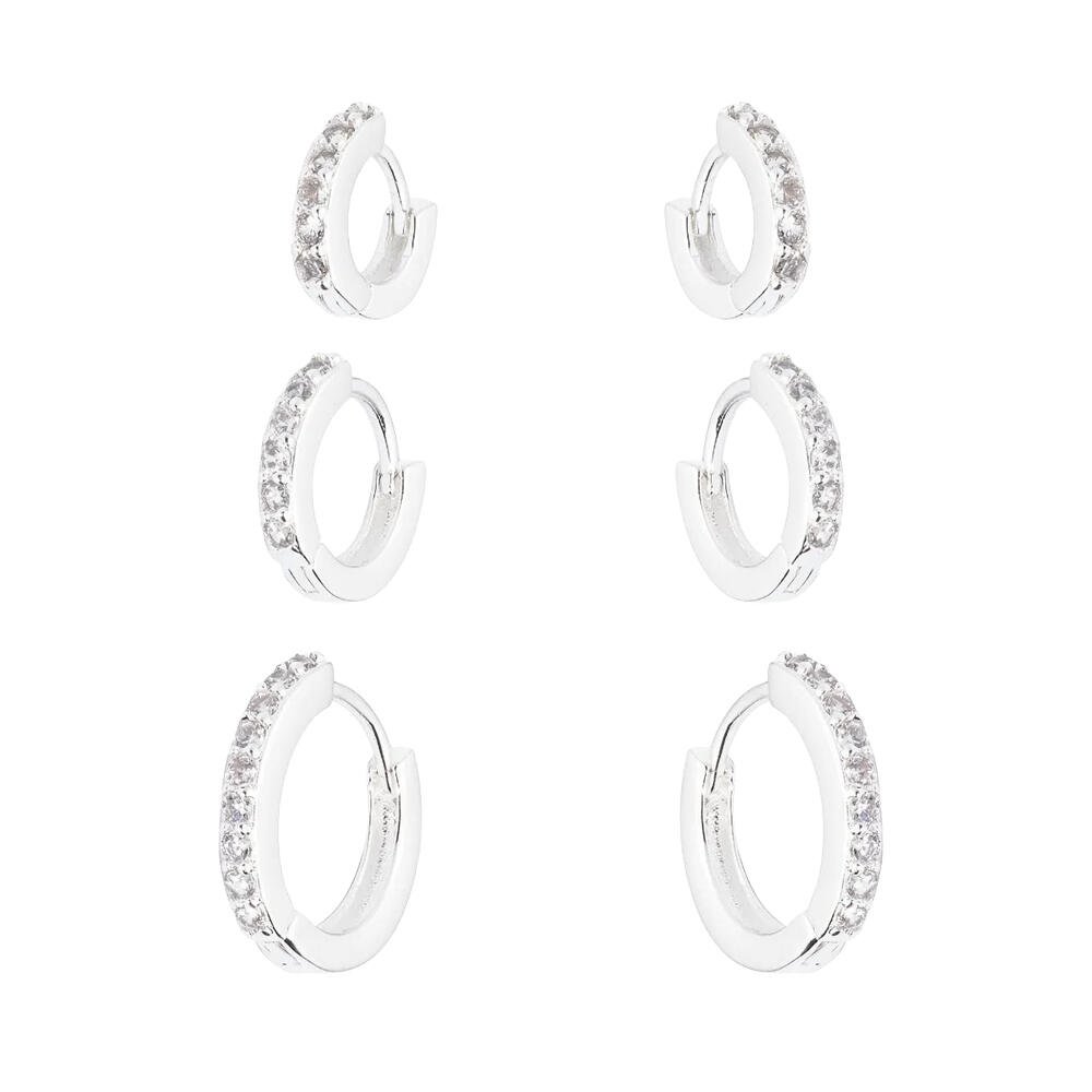 Trio de Argolas Cravejadas de Zircônias em Prata 925