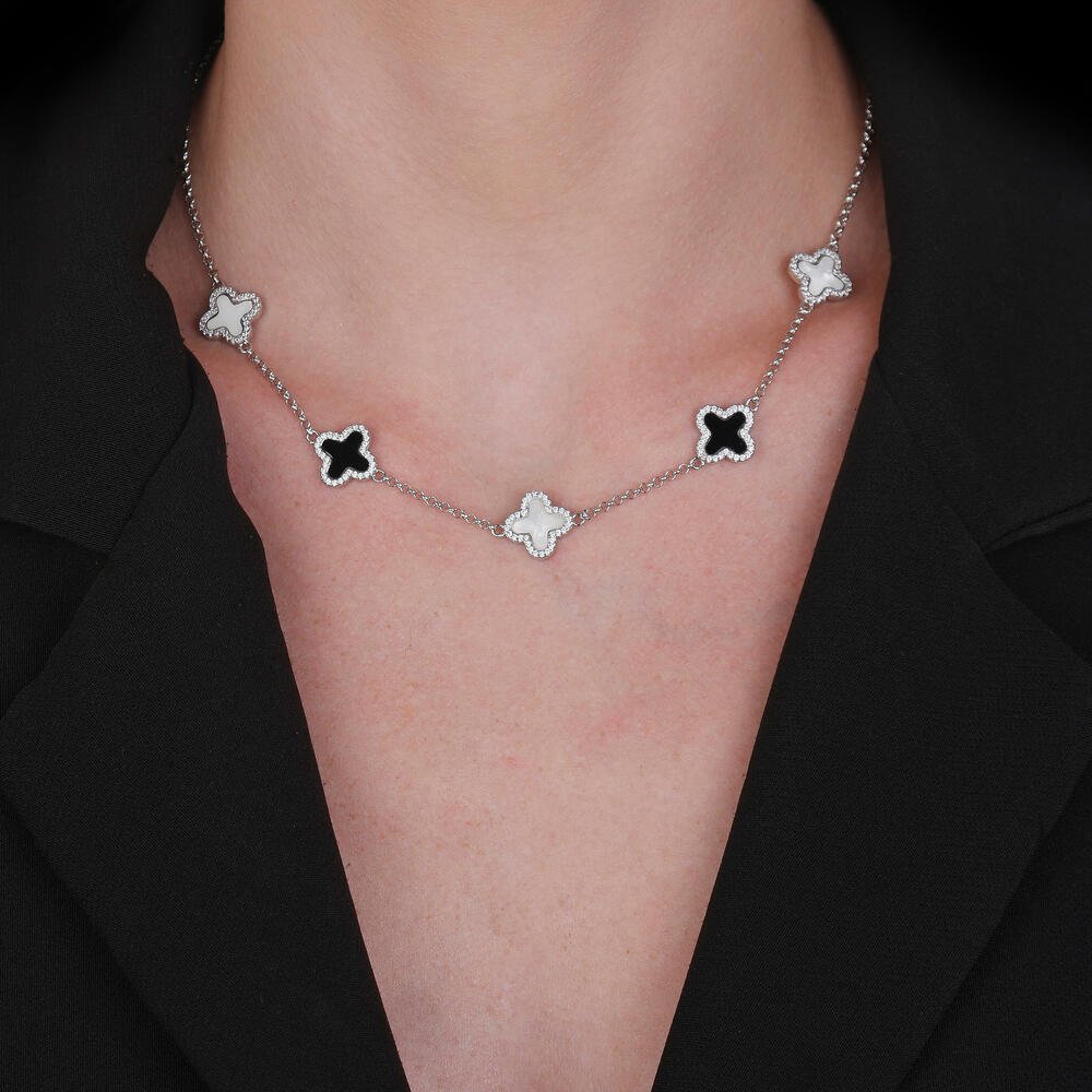 Colar Pavê de Trevos Zircônia Preto e Branco Prata 2