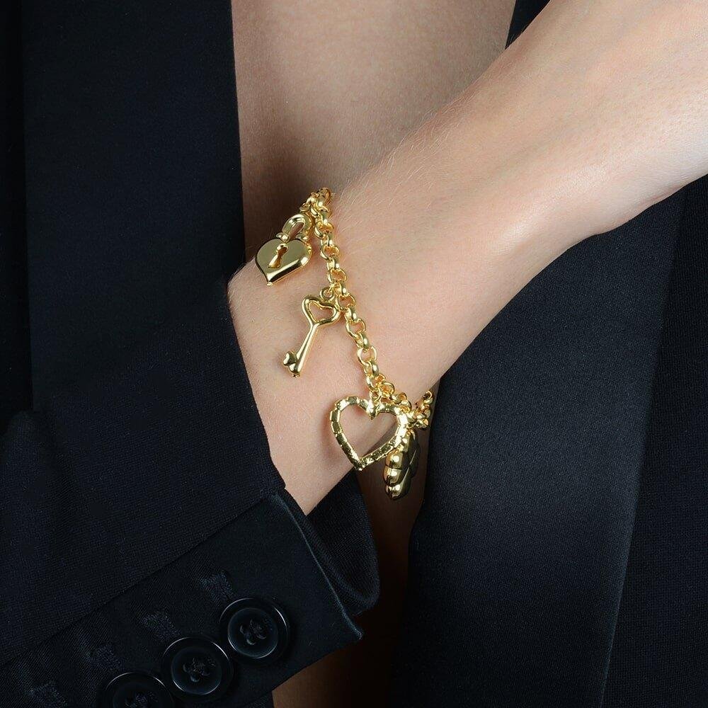 Pulseira Elo Português Dourada com Charmes Dourado 2