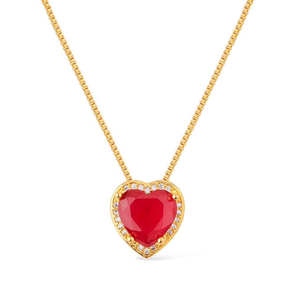 Colar Dourado Pedra Vermelha Coração com Zircônia