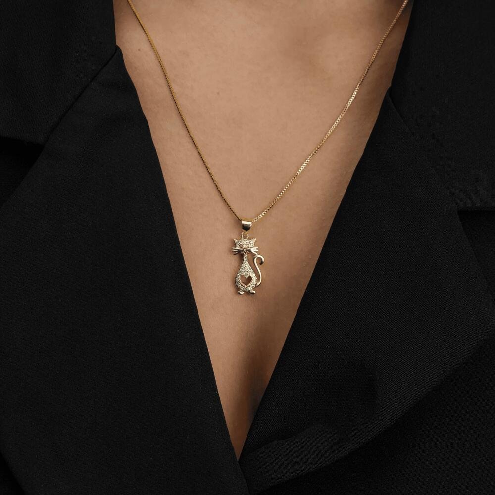 Colar Dourado de Gato Cravejado de Zircônia Dourado 2