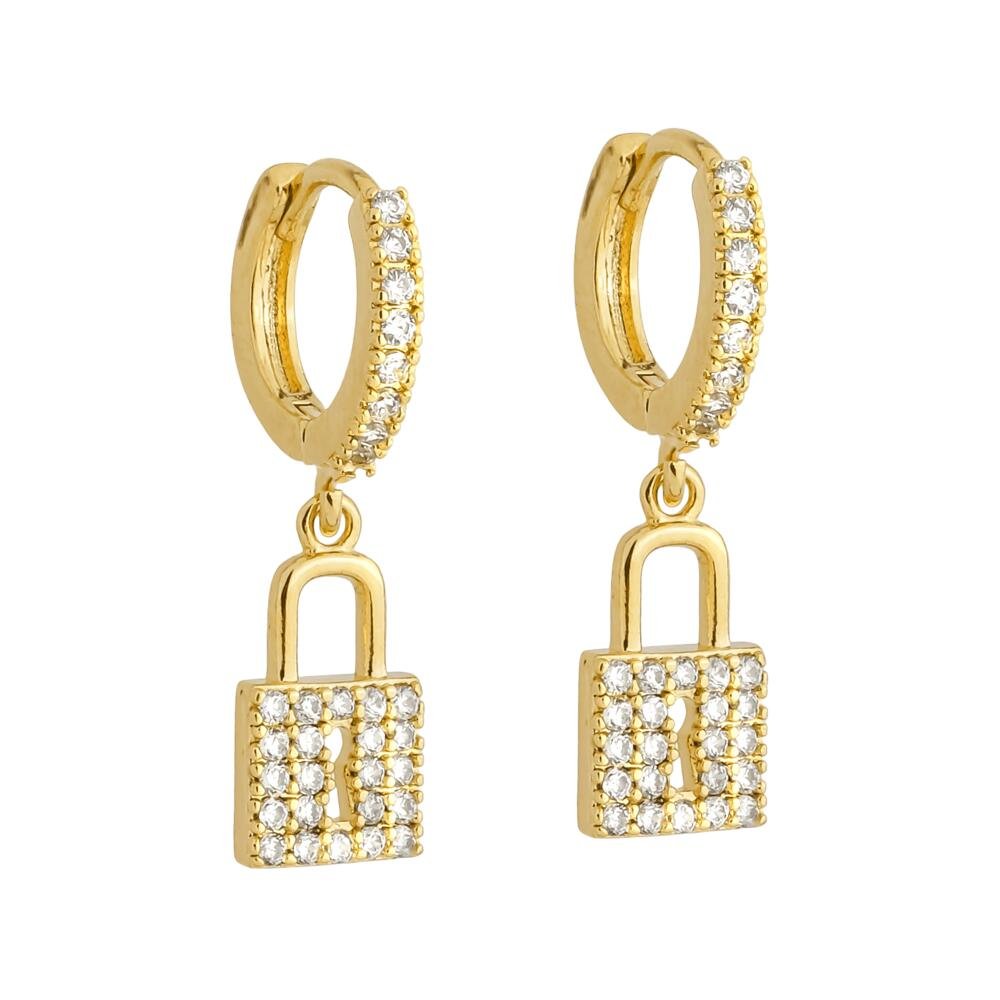 Brinco Dourado Argolinha Cadeado Zircônias