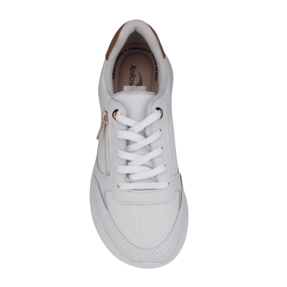 Tênis Feminino Kolosh Jogging em Couro com Ziper Branco/Marrom 3