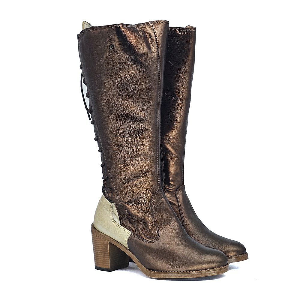 Bota Feminina ELO003V Couro Bronze Off White Amendoa Marrom/Off White 3