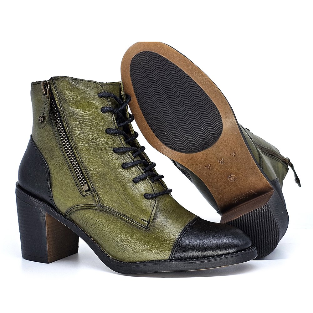 Bota Feminina ELO005 Couro Preto Militar Verde/Preto 8