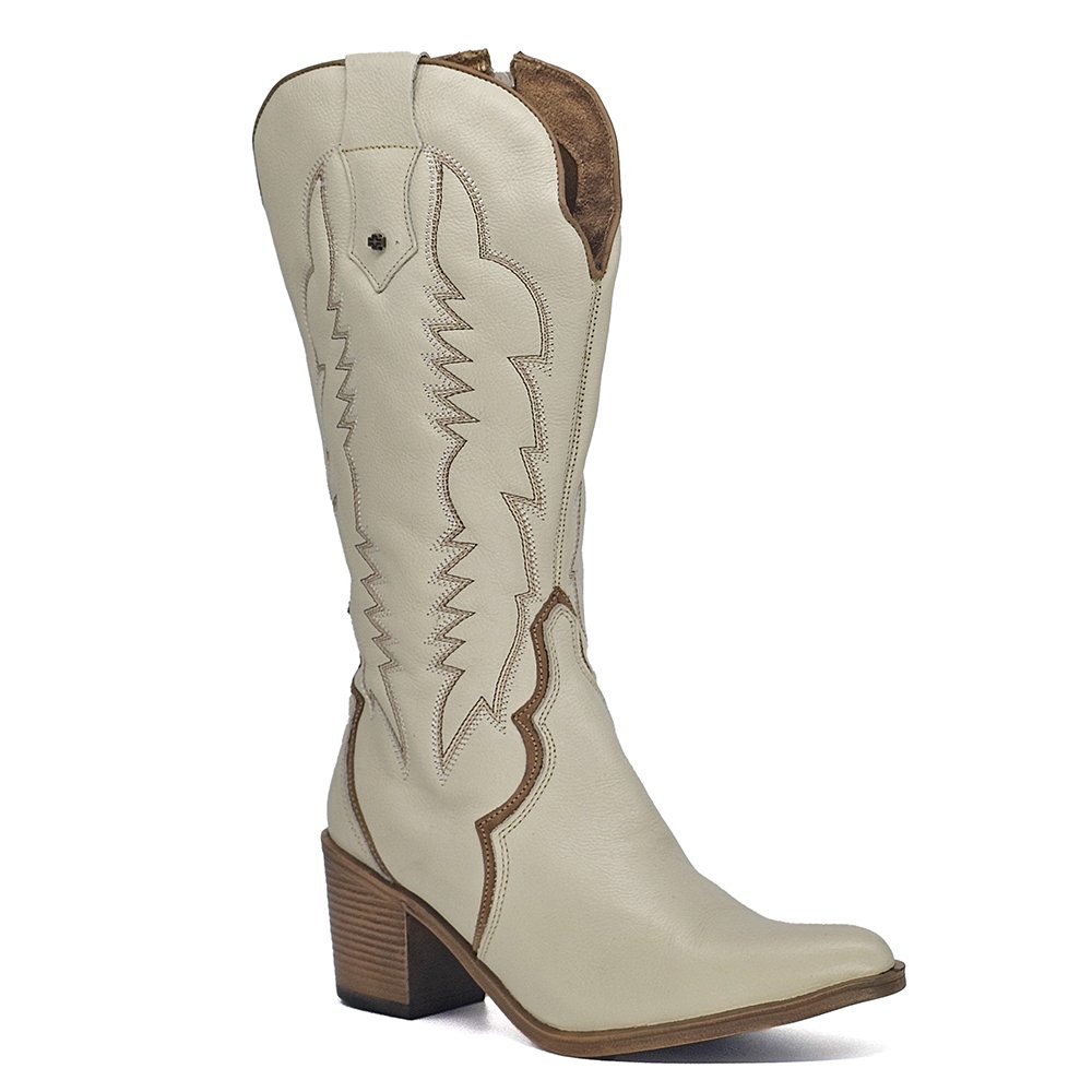 Bota Feminina NWE027 Couro Off White Caramelo Off White/Caramelo 2